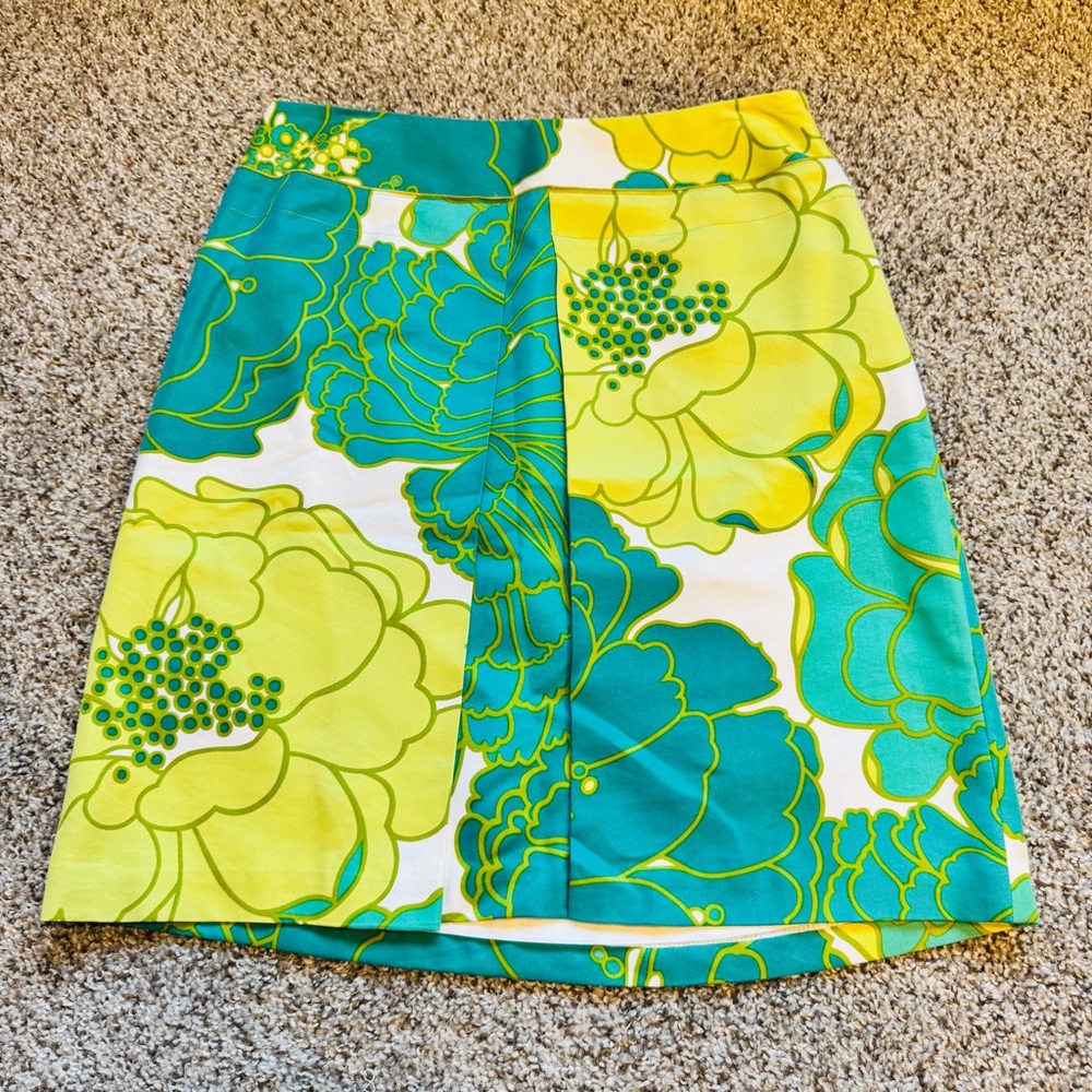 Ann Taylor Petites Floral Mini Skirt 0P Teal Green Yellow A-Line Tropical